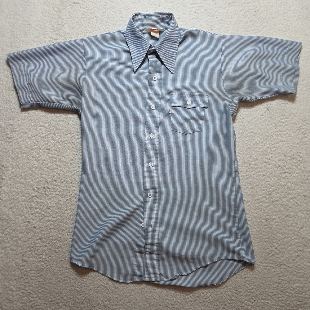 Vintage 70s Levi's Shirt Mens Blue White Stripe Button Up USA Size Small